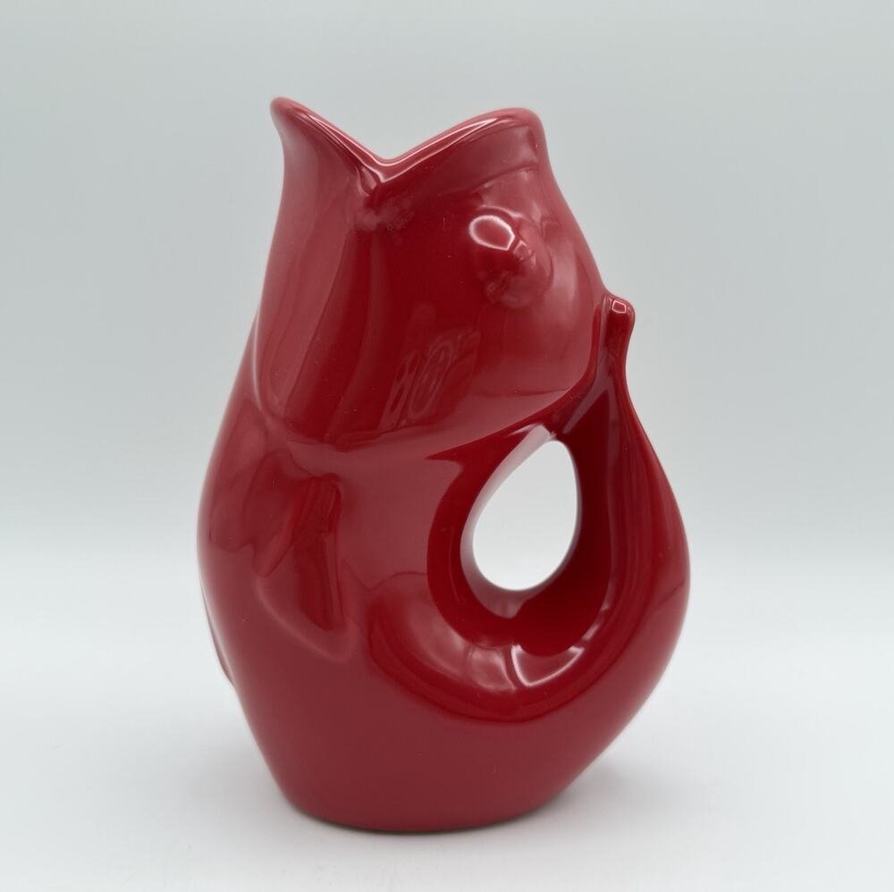Gurgle Pot Red Ceramic Fish Pitcher 6.5” Vase 2006 Coastal Nautical Decor